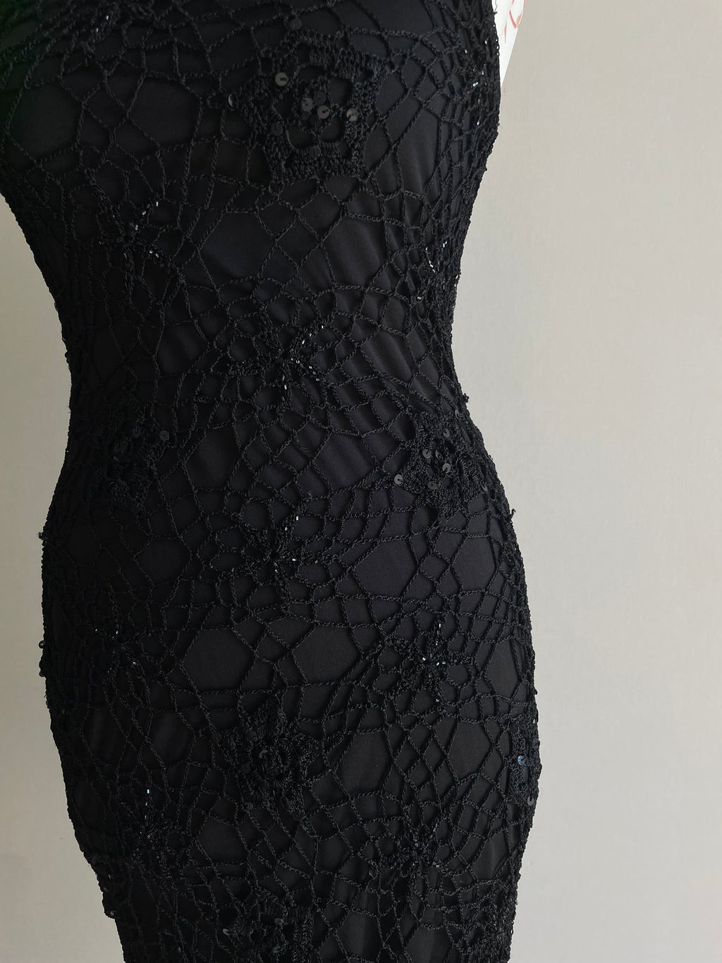 90’s Crochet asymmetrical beaded dress
