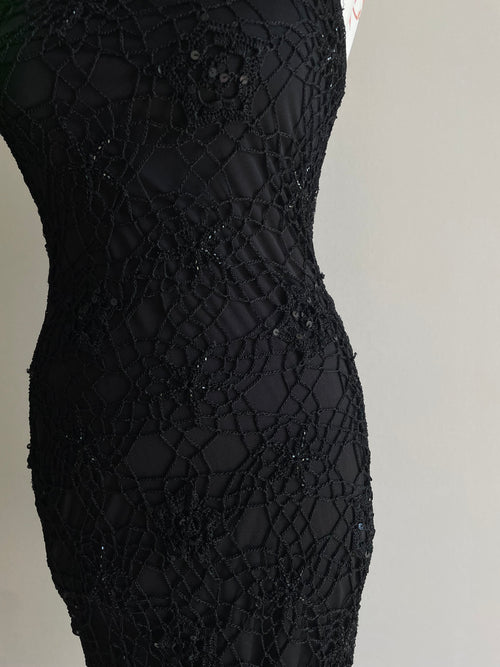 90’s Crochet asymmetrical beaded dress